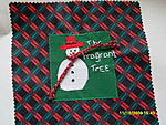 Snowman - Green & red on black glazed cotton square with green polycotton square finished with a little snowman. Won by TheFragrantTree in YDC...