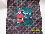 Xmas Santa square - Red & green on black glazed cotton, with collage santa upon a green satin square. Won by YorkiesAuctions in YDC supporting H4H